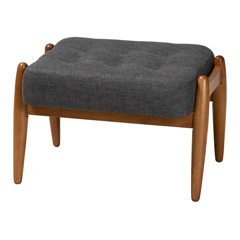 Repose-pieds ottoman en tissu gris foncé et bois finition noyer