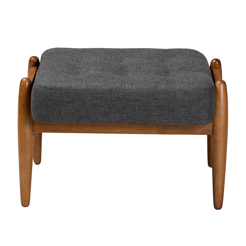 Repose-pieds ottoman en tissu gris foncé et bois finition noyer