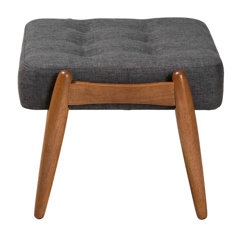 Repose-pieds ottoman en tissu gris foncé et bois finition noyer