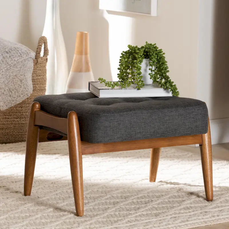 Repose-pieds ottoman en tissu gris foncé et bois finition noyer