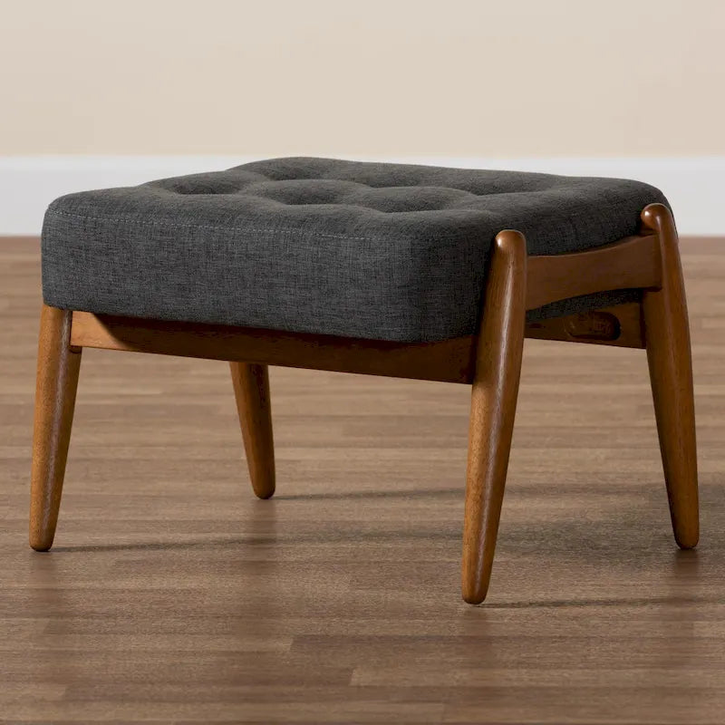 Repose-pieds ottoman en tissu gris foncé et bois finition noyer