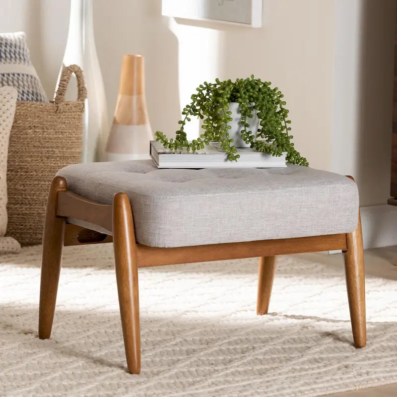 Repose-pieds ottoman en tissu gris foncé et bois finition noyer