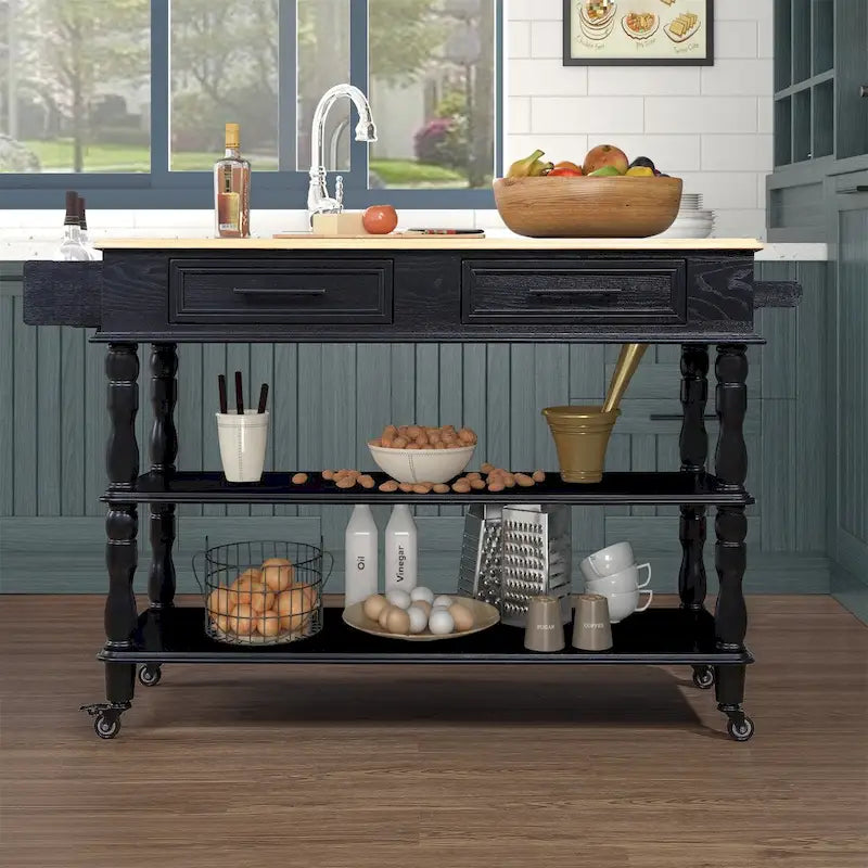 Îlot de cuisine roulant avec rangement, roulettes, porte-bouteilles et étagère à épices