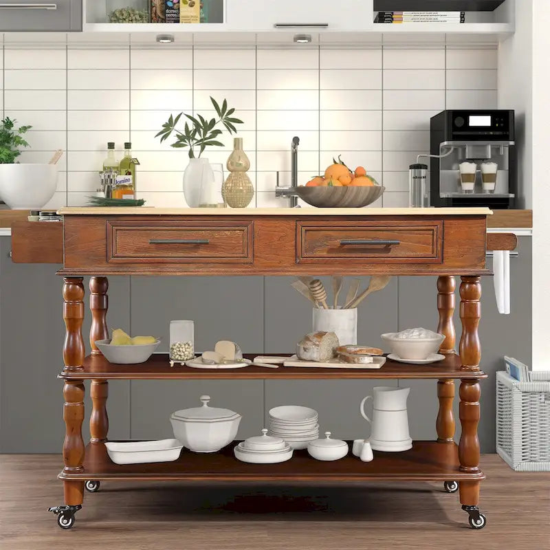 Îlot de cuisine roulant avec rangement, roulettes, porte-bouteilles et étagère à épices