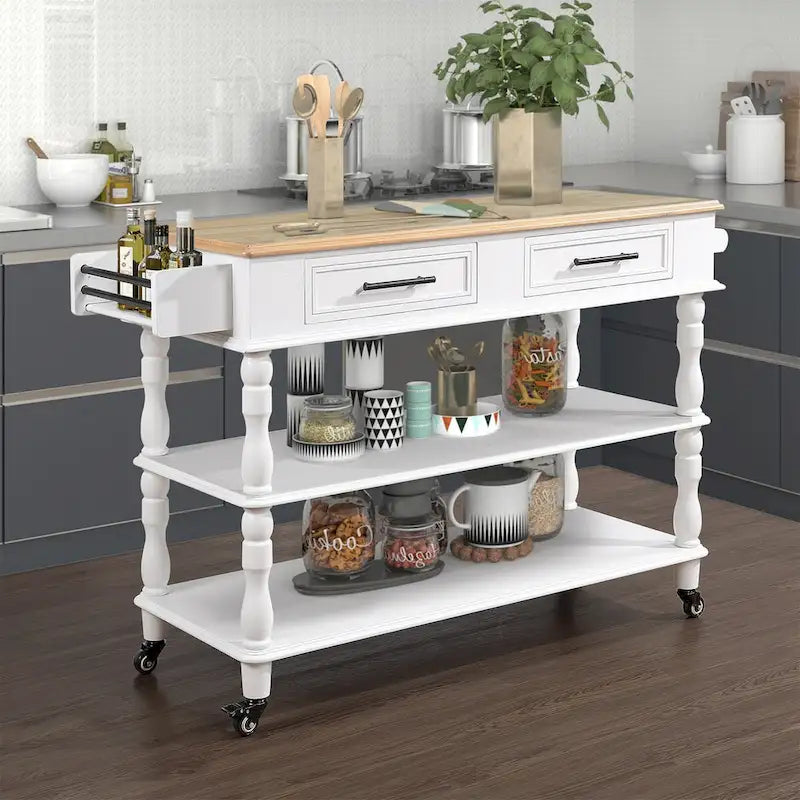 Îlot de cuisine roulant avec rangement, roulettes, porte-bouteilles et étagère à épices