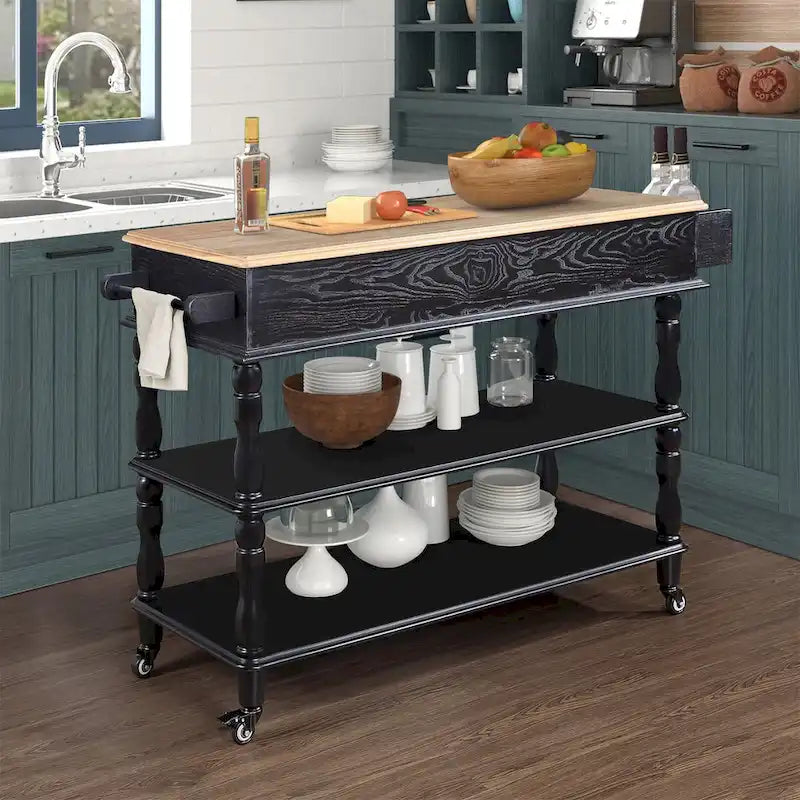 Îlot de cuisine roulant avec rangement, roulettes, porte-bouteilles et étagère à épices