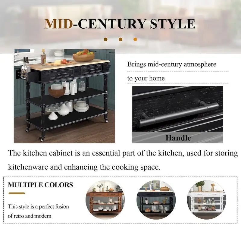 Îlot de cuisine roulant avec rangement, roulettes, porte-bouteilles et étagère à épices