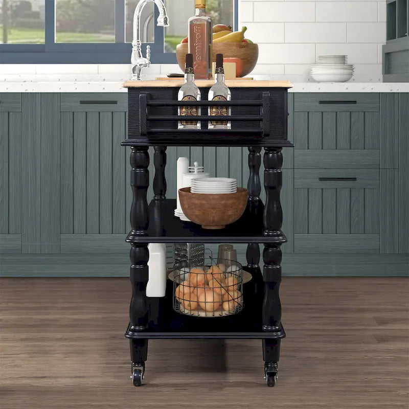 Îlot de cuisine roulant avec rangement, roulettes, porte-bouteilles et étagère à épices