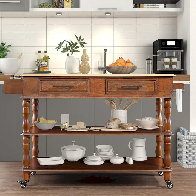 Îlot de cuisine roulant avec rangement, roulettes, porte-bouteilles et étagère à épices