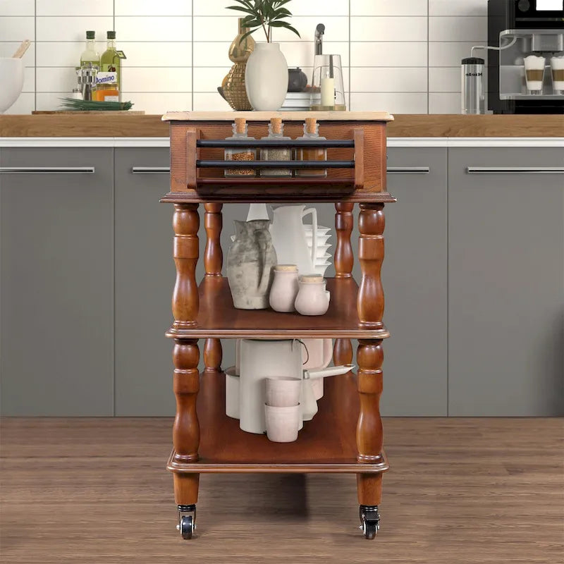 Îlot de cuisine roulant avec rangement, roulettes, porte-bouteilles et étagère à épices
