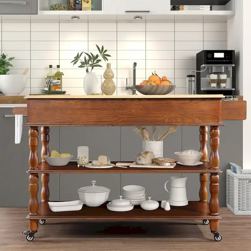Îlot de cuisine roulant avec rangement, roulettes, porte-bouteilles et étagère à épices