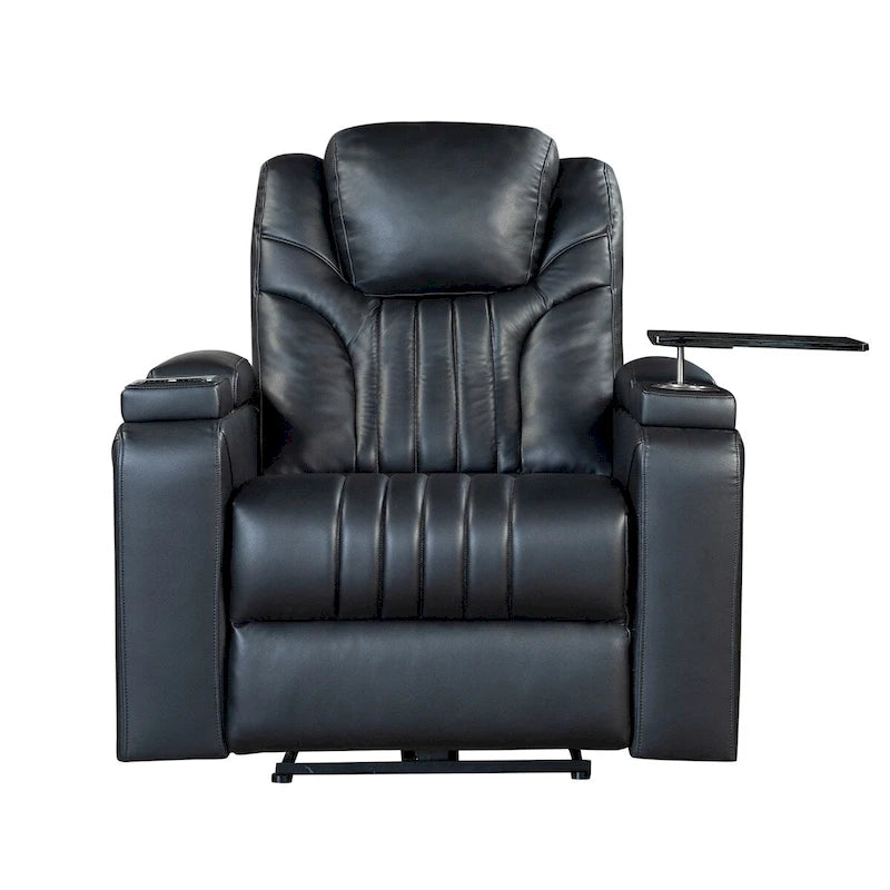 Fauteuil inclinable électrique en similicuir avec appui-tête électrique réglable, port USB, accoudoirs de rangement, porte-gobelet et tablette pivotante.