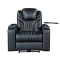 Fauteuil inclinable électrique en similicuir avec appui-tête électrique réglable, port USB, accoudoirs de rangement, porte-gobelet et tablette pivotante.