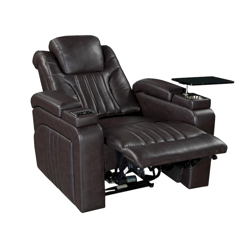 Fauteuil inclinable électrique en similicuir avec appui-tête électrique réglable, port USB, accoudoirs de rangement, porte-gobelet et tablette pivotante.