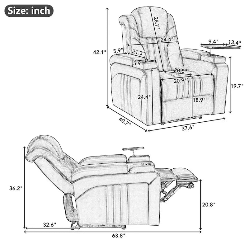 Fauteuil inclinable électrique en similicuir avec appui-tête électrique réglable, port USB, accoudoirs de rangement, porte-gobelet et tablette pivotante.