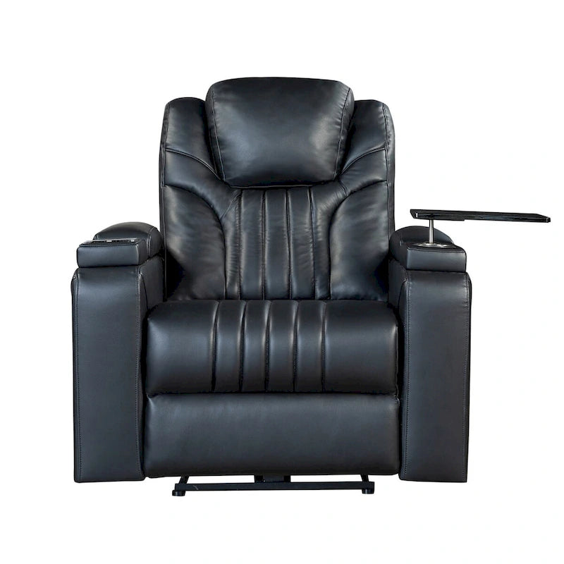 Fauteuil inclinable électrique en similicuir avec appui-tête électrique réglable, port USB, accoudoirs de rangement, porte-gobelet et tablette pivotante.