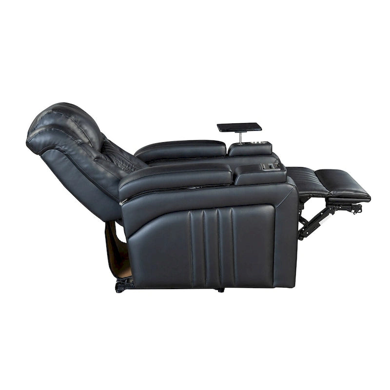 Fauteuil inclinable électrique en similicuir avec appui-tête électrique réglable, port USB, accoudoirs de rangement, porte-gobelet et tablette pivotante.