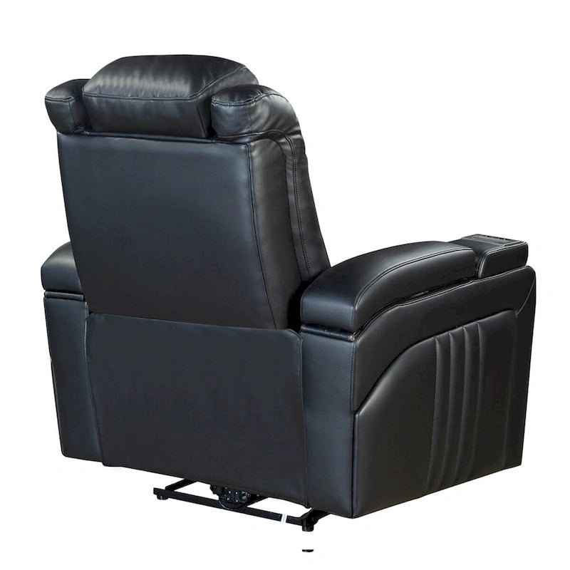 Fauteuil inclinable électrique en similicuir avec appui-tête électrique réglable, port USB, accoudoirs de rangement, porte-gobelet et tablette pivotante.