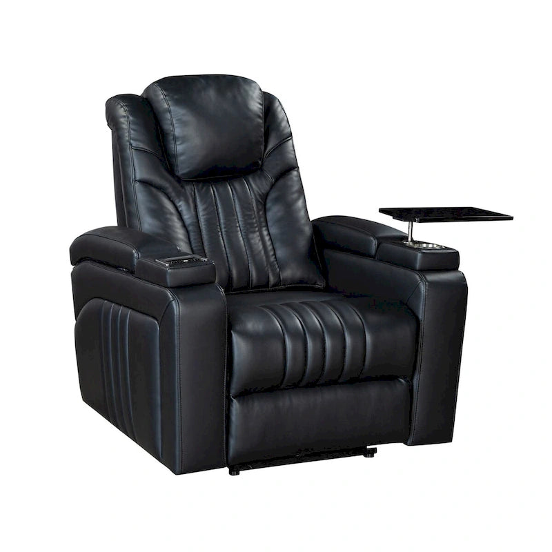 Fauteuil inclinable électrique en similicuir avec appui-tête électrique réglable, port USB, accoudoirs de rangement, porte-gobelet et tablette pivotante.