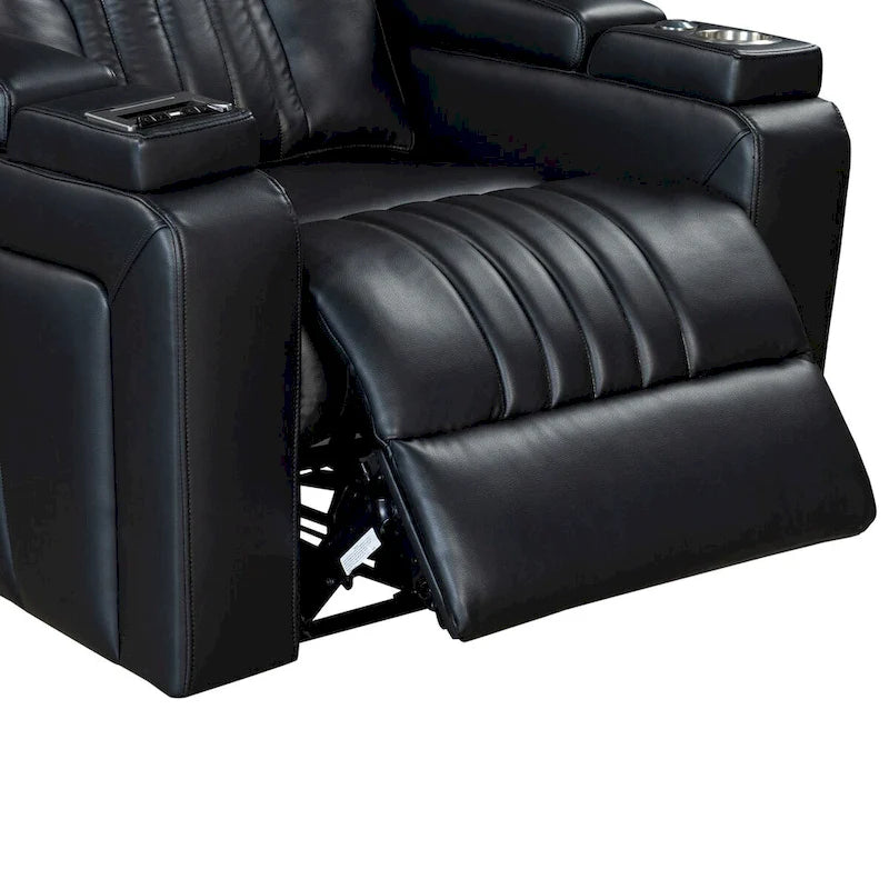 Fauteuil inclinable électrique en similicuir avec appui-tête électrique réglable, port USB, accoudoirs de rangement, porte-gobelet et tablette pivotante.
