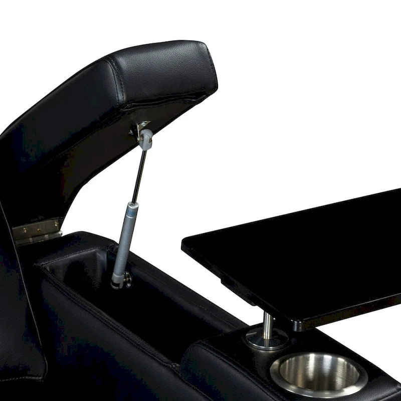 Fauteuil inclinable électrique en similicuir avec appui-tête électrique réglable, port USB, accoudoirs de rangement, porte-gobelet et tablette pivotante.