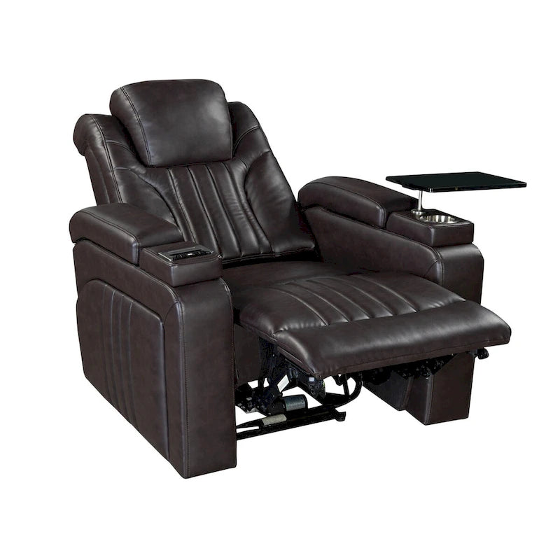 Fauteuil inclinable électrique en similicuir avec appui-tête électrique réglable, port USB, accoudoirs de rangement, porte-gobelet et tablette pivotante.