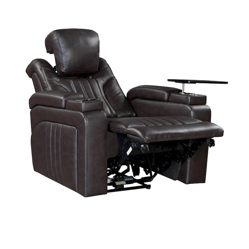 Fauteuil inclinable électrique en similicuir avec appui-tête électrique réglable, port USB, accoudoirs de rangement, porte-gobelet et tablette pivotante.