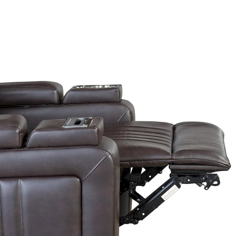 Fauteuil inclinable électrique en similicuir avec appui-tête électrique réglable, port USB, accoudoirs de rangement, porte-gobelet et tablette pivotante.