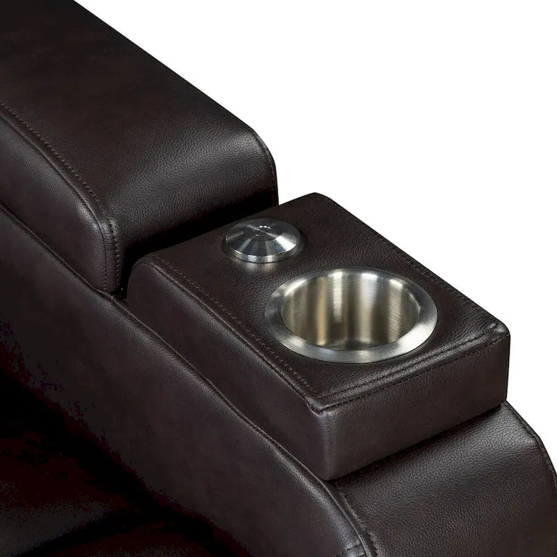 Fauteuil inclinable électrique en similicuir avec appui-tête électrique réglable, port USB, accoudoirs de rangement, porte-gobelet et tablette pivotante.
