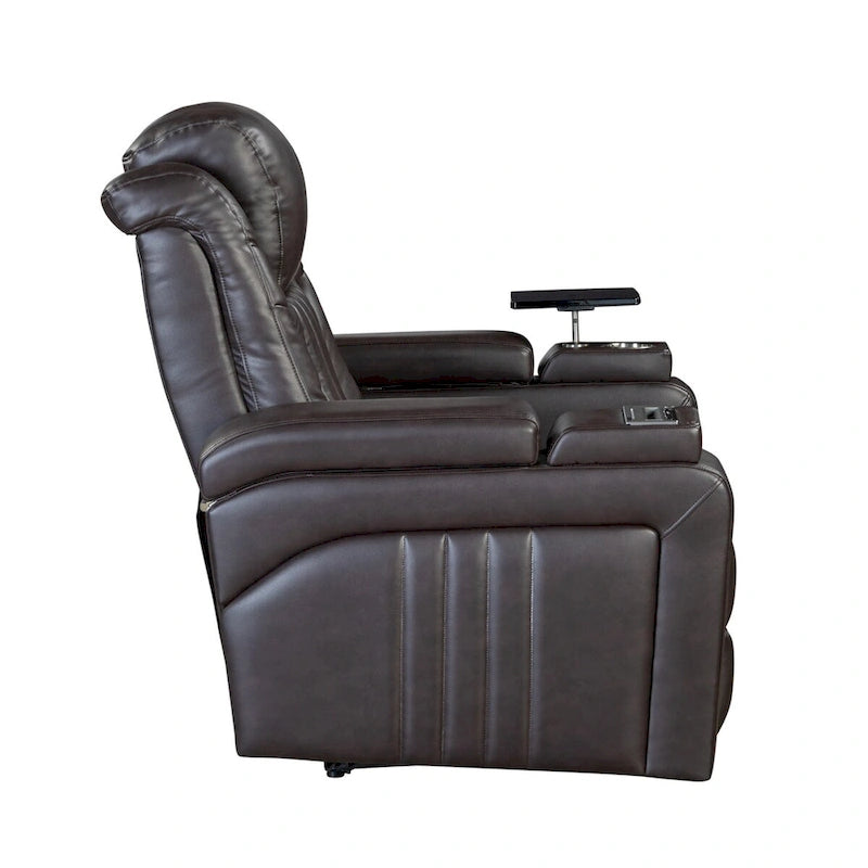 Fauteuil inclinable électrique en similicuir avec appui-tête électrique réglable, port USB, accoudoirs de rangement, porte-gobelet et tablette pivotante.