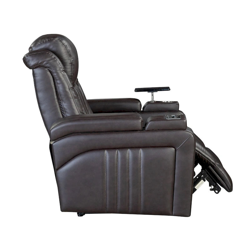 Fauteuil inclinable électrique en similicuir avec appui-tête électrique réglable, port USB, accoudoirs de rangement, porte-gobelet et tablette pivotante.
