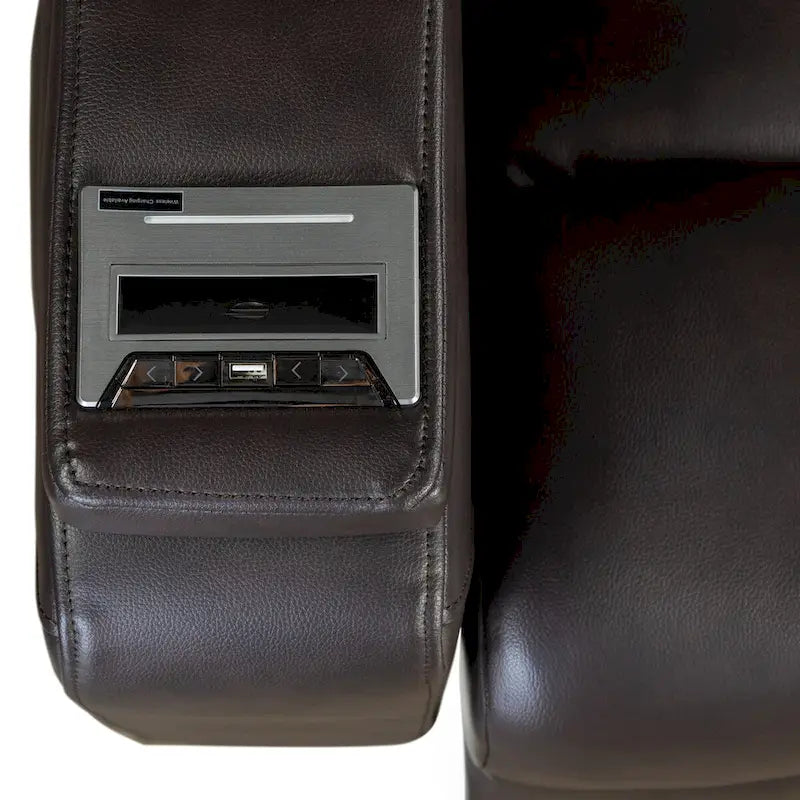 Fauteuil inclinable électrique en similicuir avec appui-tête électrique réglable, port USB, accoudoirs de rangement, porte-gobelet et tablette pivotante.