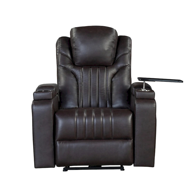 Fauteuil inclinable électrique en similicuir avec appui-tête électrique réglable, port USB, accoudoirs de rangement, porte-gobelet et tablette pivotante.