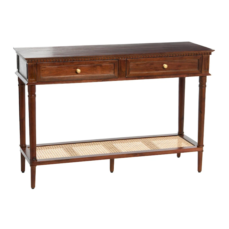 Console en bois d'acacia avec étagère en rotin