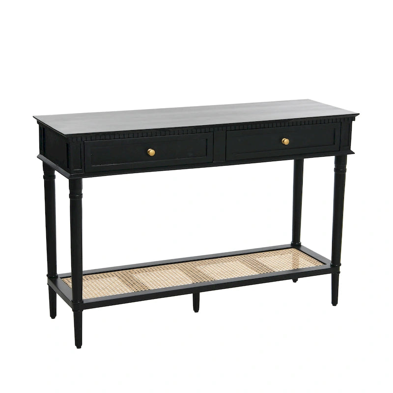 Console en bois d'acacia avec étagère en rotin