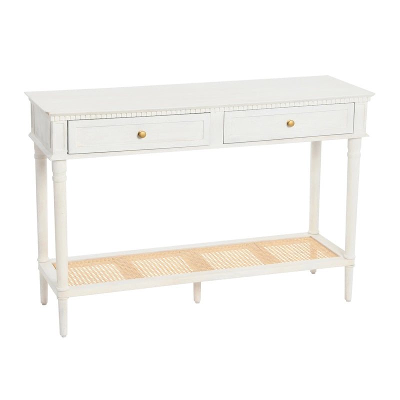 Console en bois d'acacia avec étagère en rotin