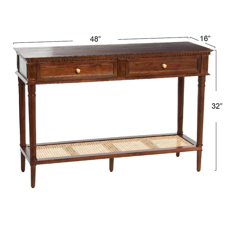 Console en bois d'acacia avec étagère en rotin