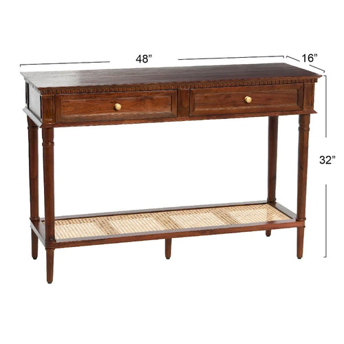 Console en bois d'acacia avec étagère en rotin