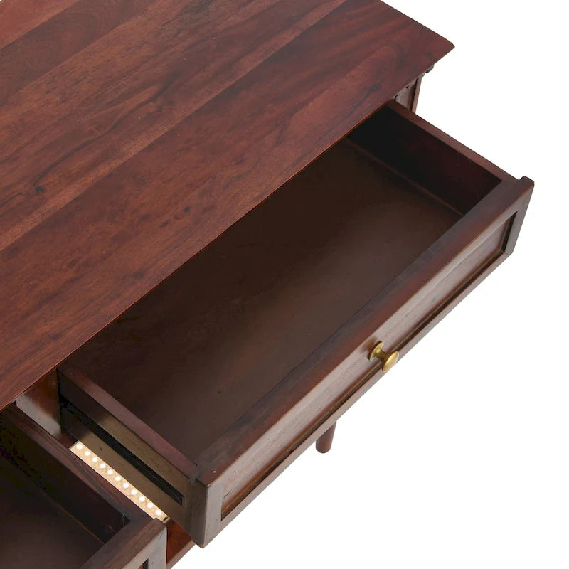 Console en bois d'acacia avec étagère en rotin
