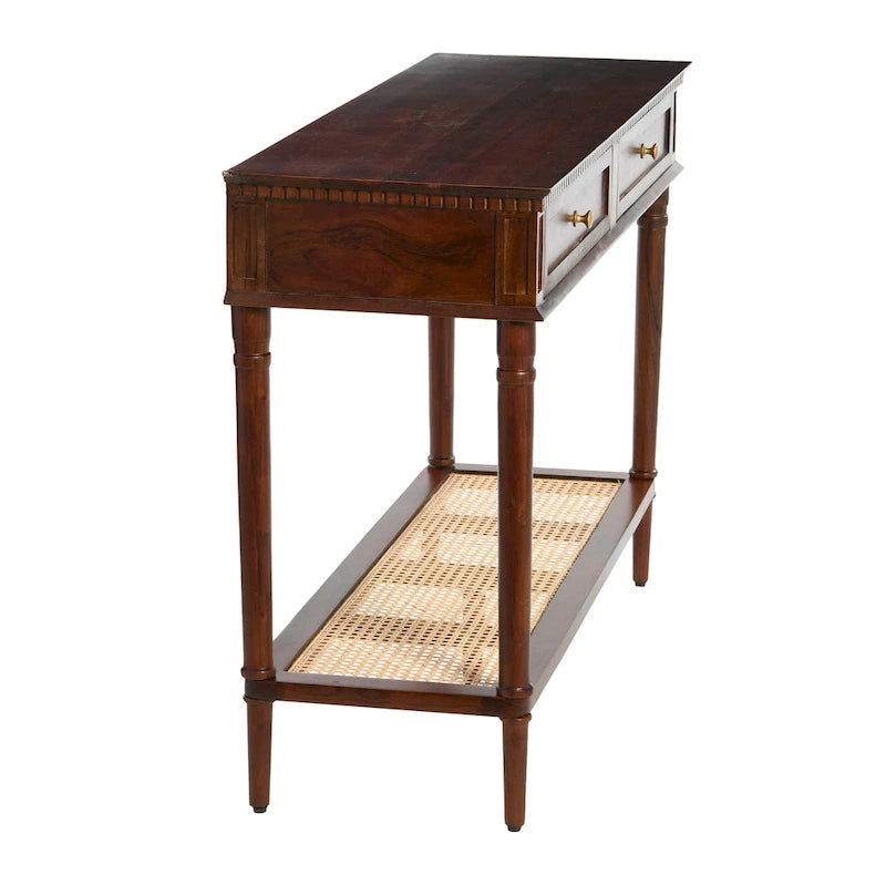 Console en bois d'acacia avec étagère en rotin