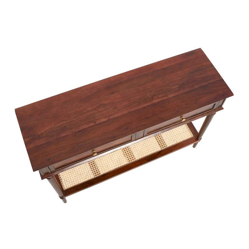 Console en bois d'acacia avec étagère en rotin