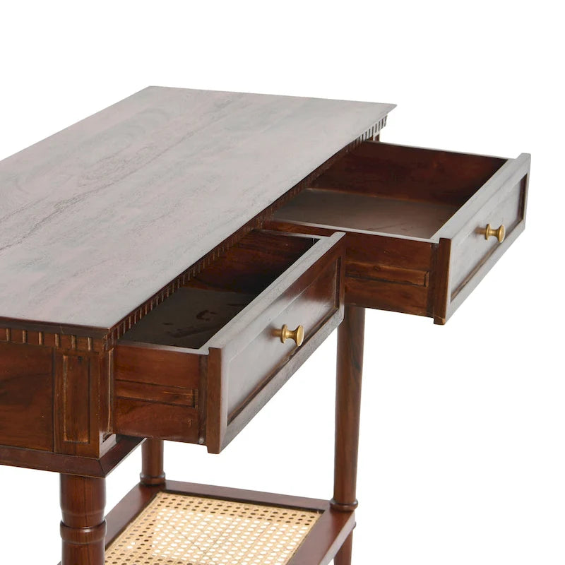 Console en bois d'acacia avec étagère en rotin