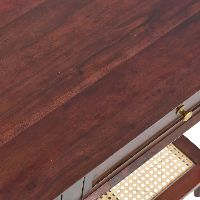 Console en bois d'acacia avec étagère en rotin