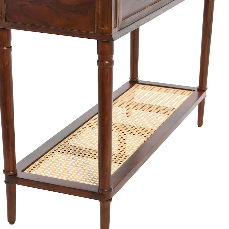 Console en bois d'acacia avec étagère en rotin