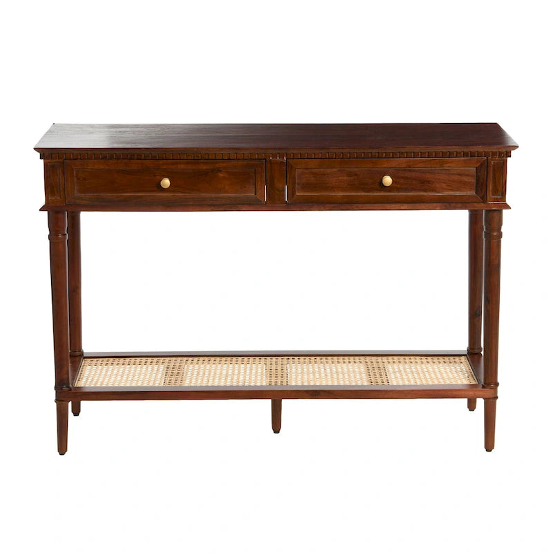 Console en bois d'acacia avec étagère en rotin