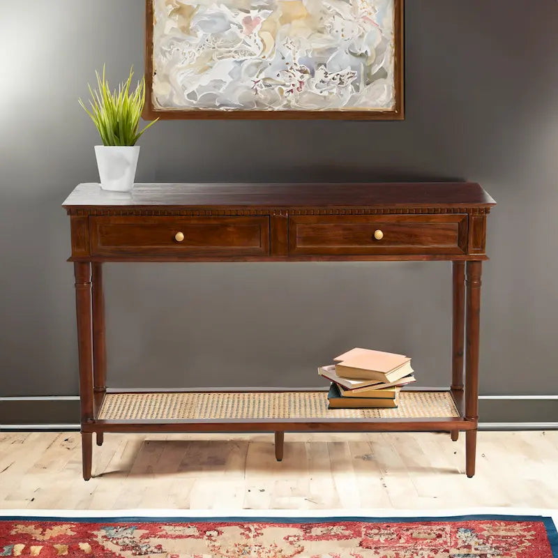 Console en bois d'acacia avec étagère en rotin