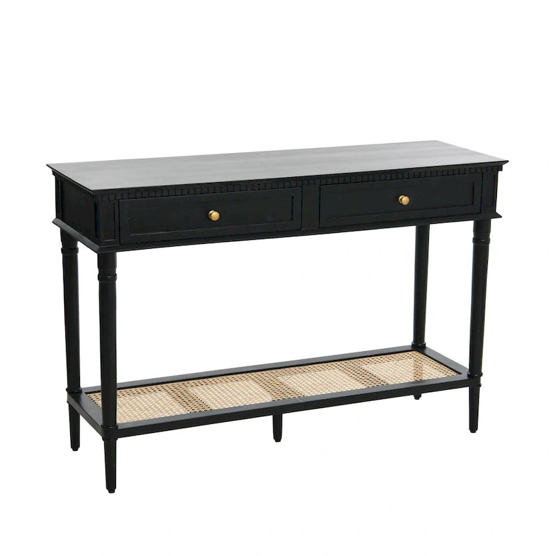 Console en bois d'acacia avec étagère en rotin