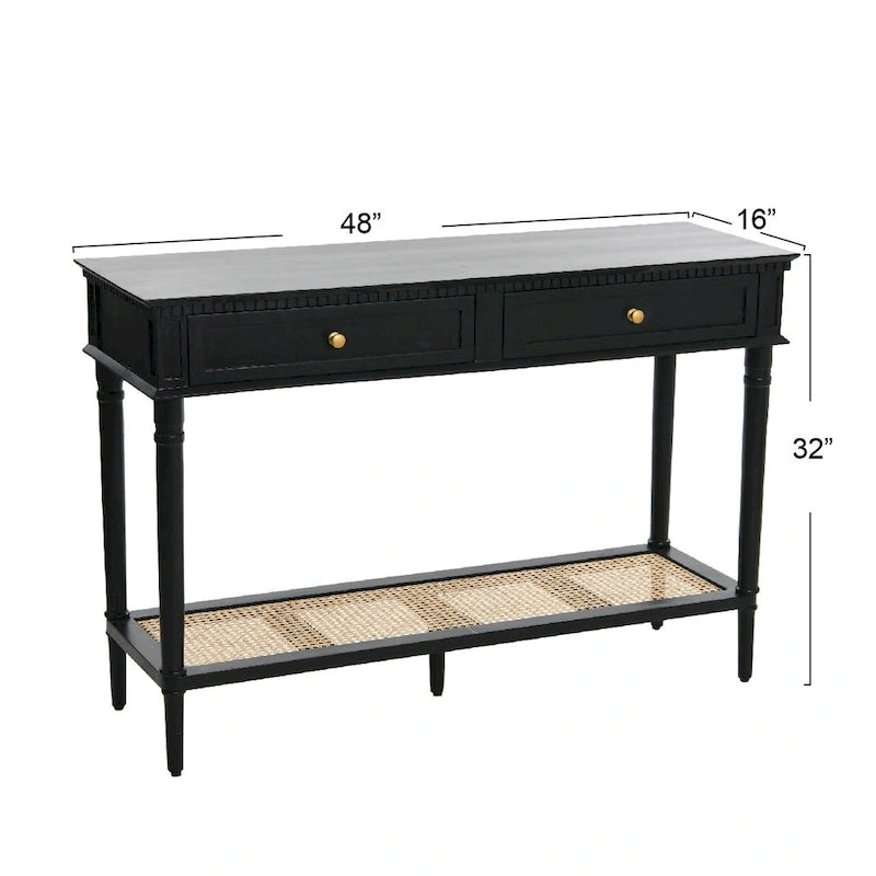 Console en bois d'acacia avec étagère en rotin