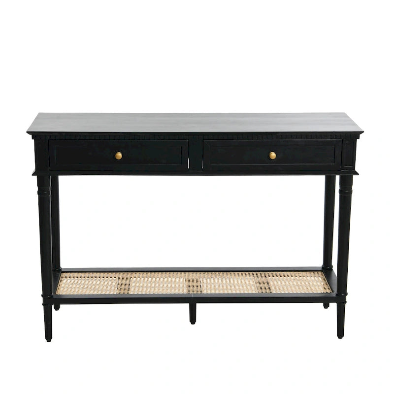 Console en bois d'acacia avec étagère en rotin