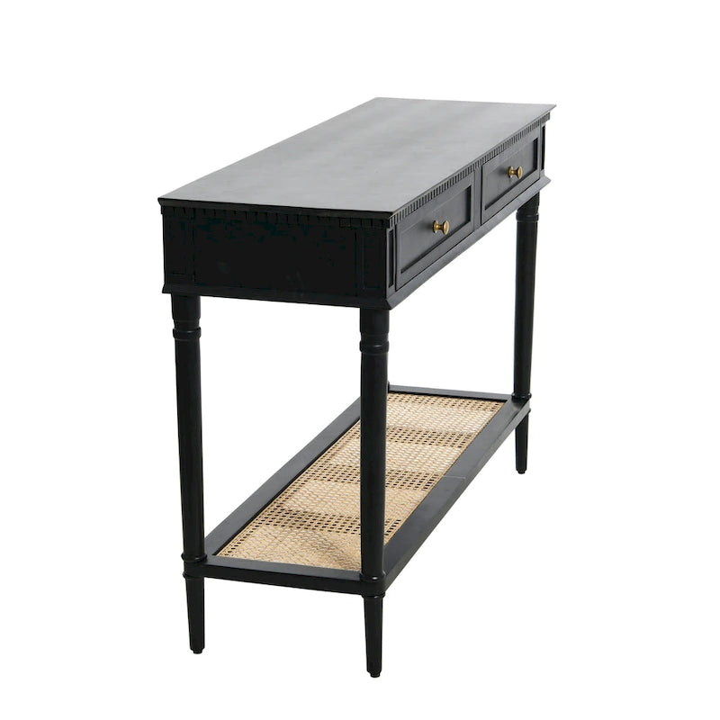 Console en bois d'acacia avec étagère en rotin